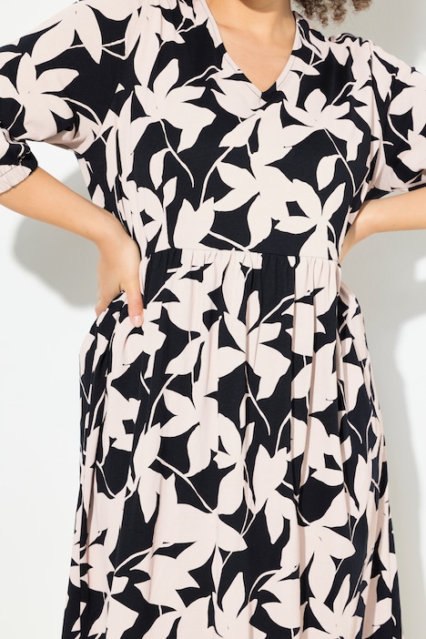 Jerseykleid, Blätter, A-Linie, V-Ausschnitt, 3/4-Arm