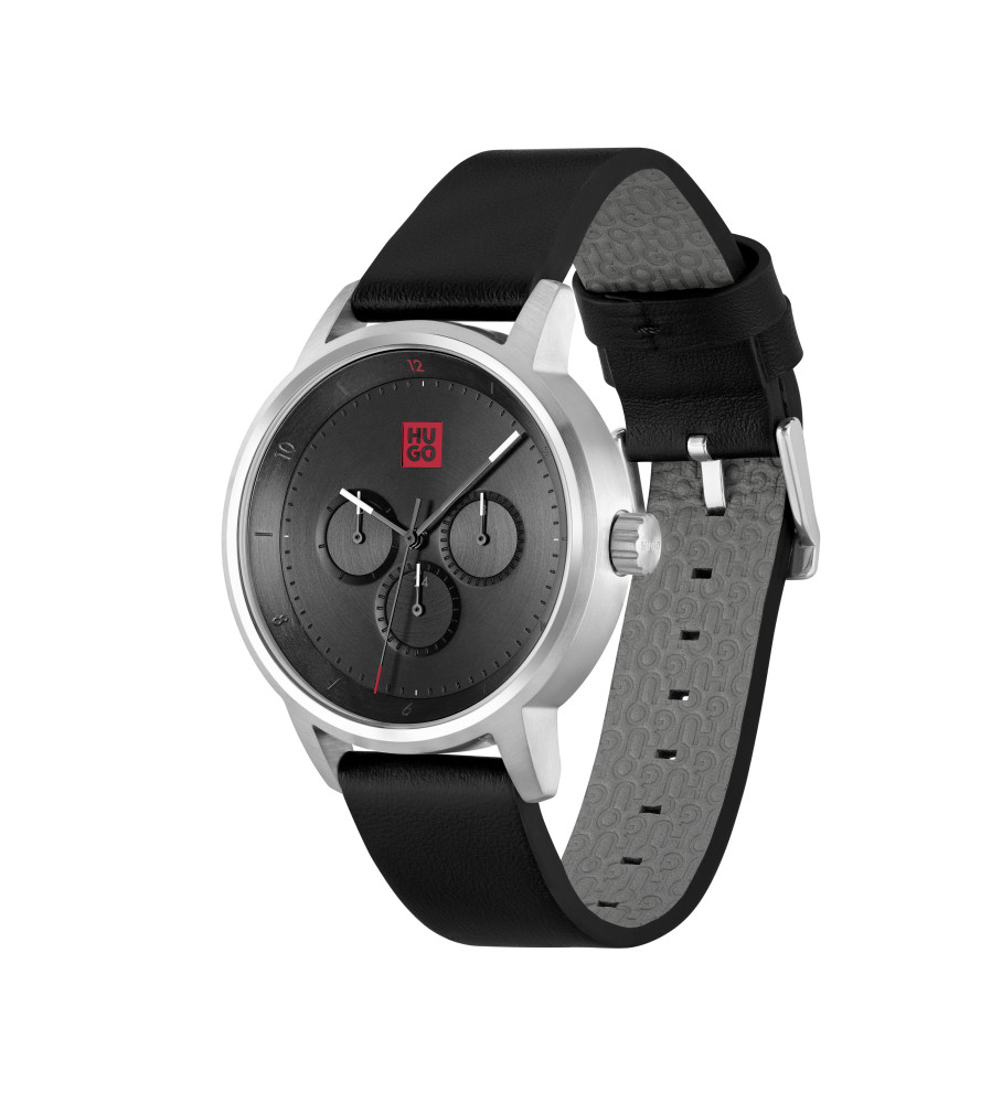 Relógio analógico HUGO com pulseira de couro, preto
