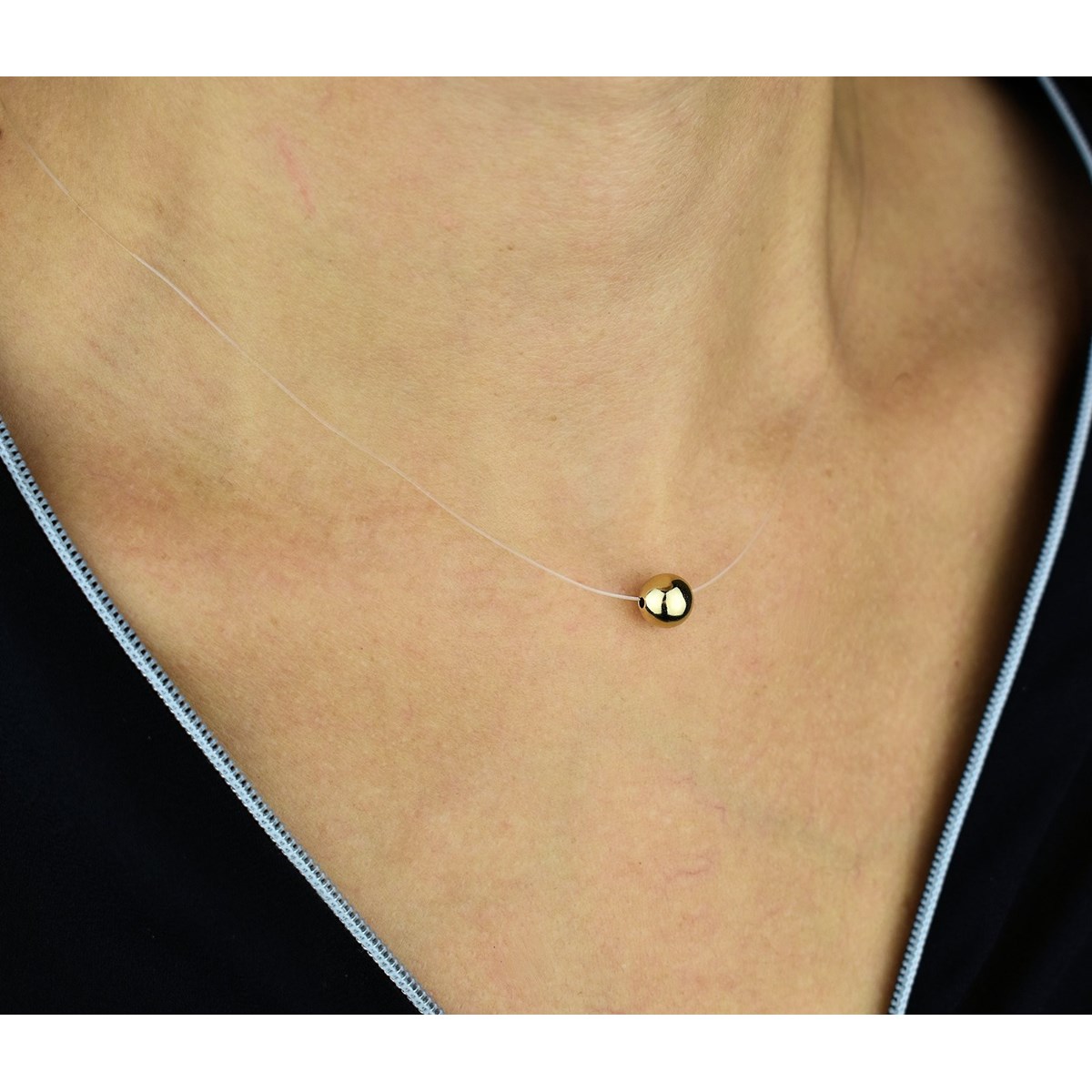Collier boule fil de nylon transparent Plaqué OR 750 3 microns