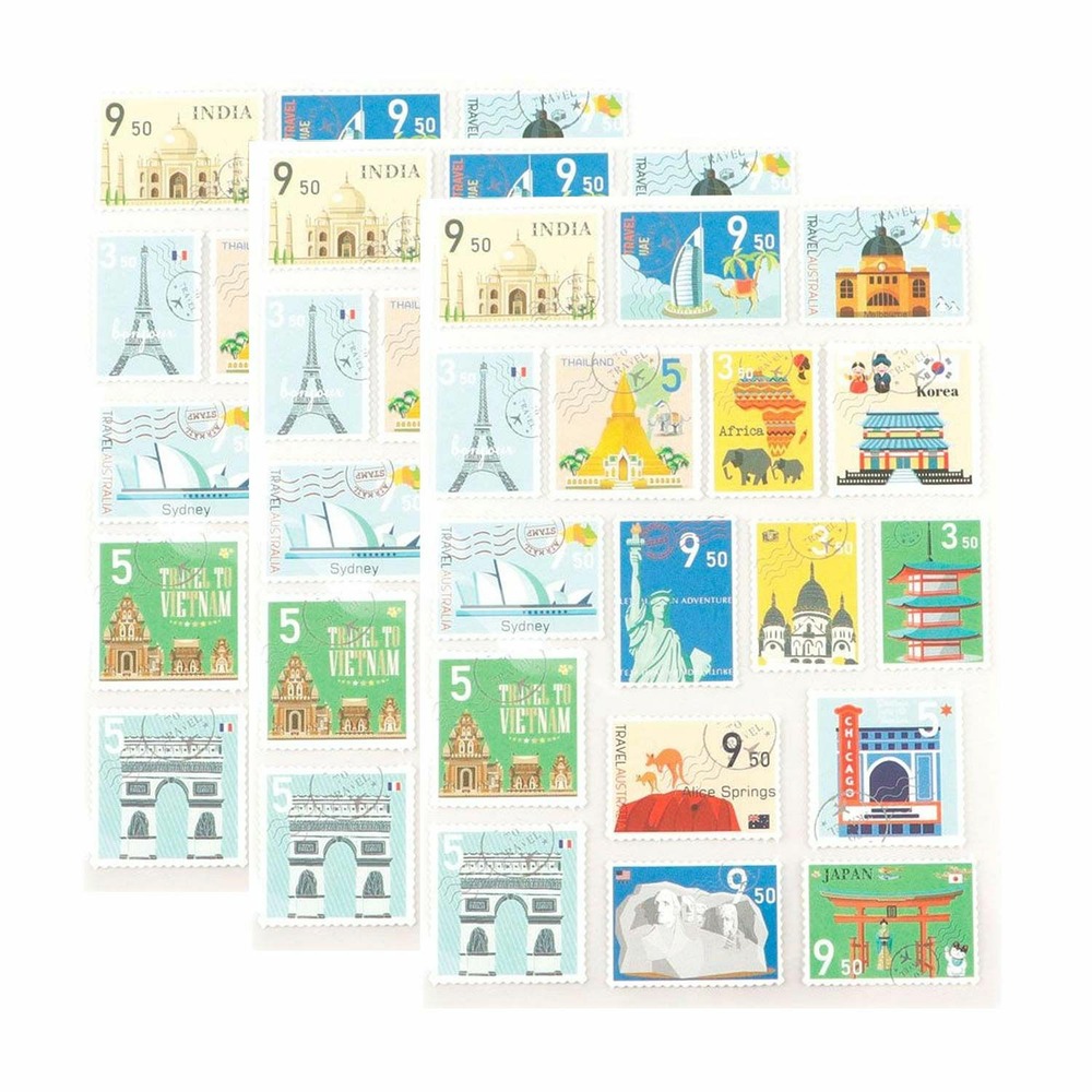 153 stickers en forme de timbres - pays 3 cm