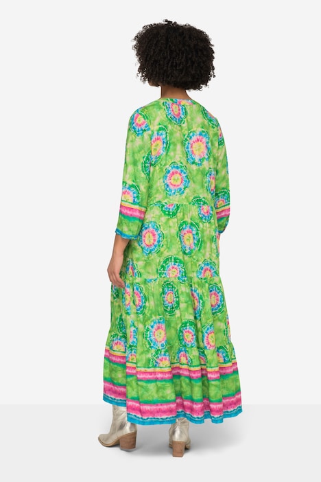 Maxikleid, Straight Fit, Batikdruck, Tunika-Ausschnitt, Langarm