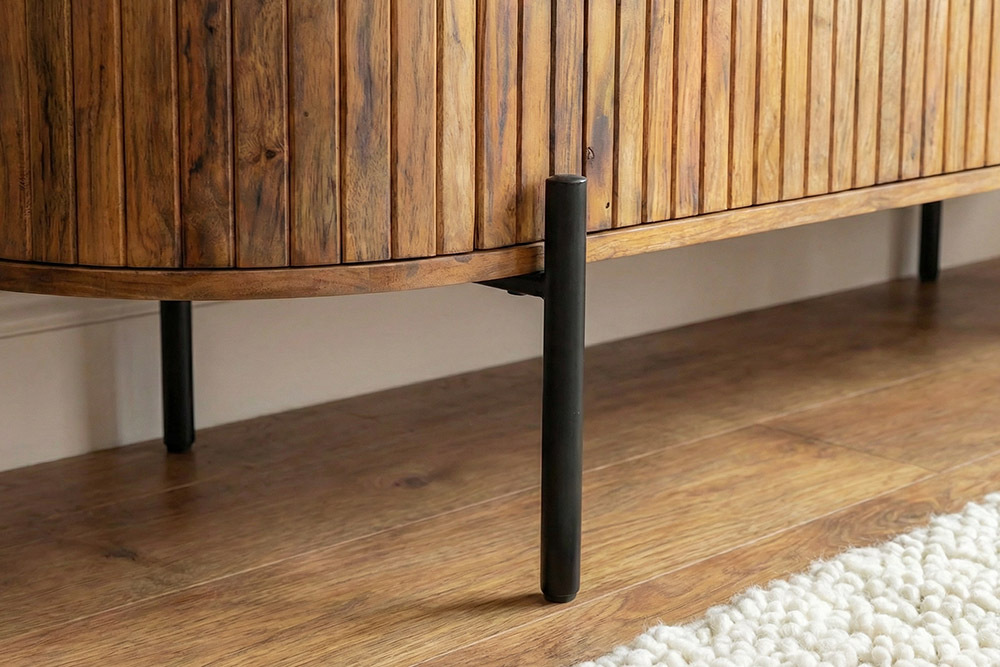 Massives Sideboard GATSBY 160cm natur Mangoholz schwarz Metall mit Lamellenfront