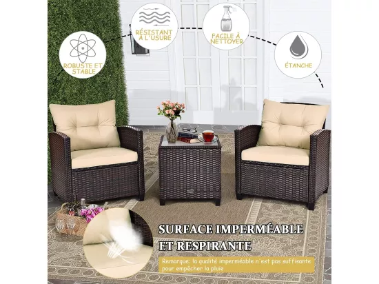 Salon de Jardin en Rotin et fibre naturelle - 3 Pièces - Charge 180KG - 2 Fauteuils et Table Basse avec Plateau en Verre Trempé – Marron