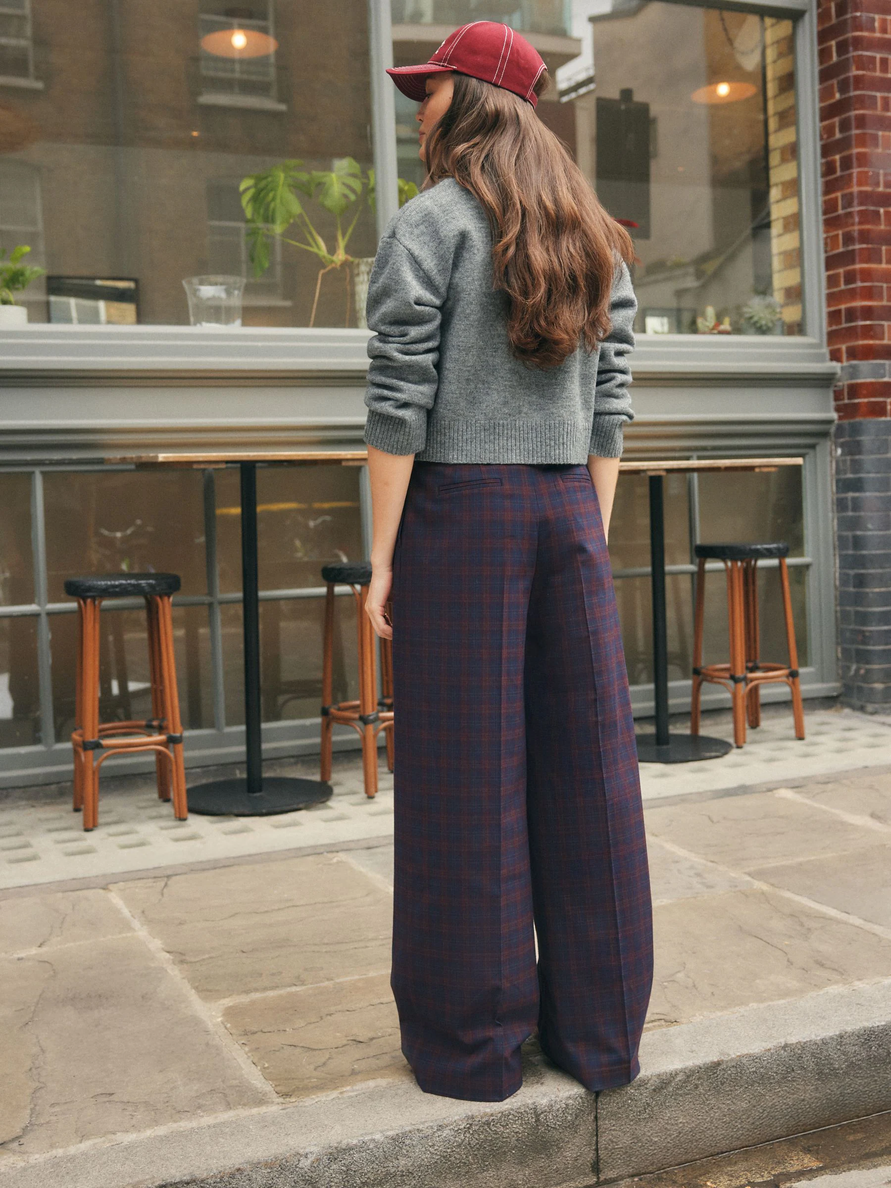 Burgundy Red/Navy Blue Check - Ruit Wijde pijpen Tailored Broeken