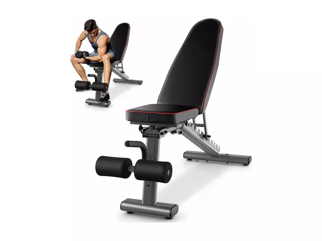 Banc de Musculation Dossier Réglable 10 Positions, Banc pour Entraînement Complet du Corps en Métal Charge 300KG avec 2 Roues, Idéal pour Développé Couché et Abdominaux