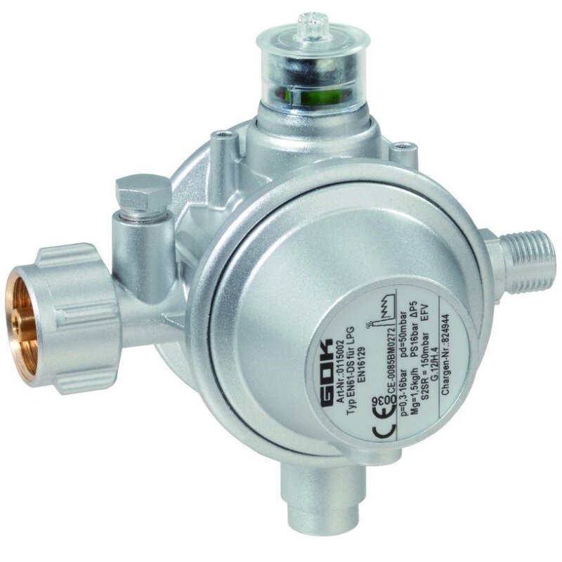 GOK Gasdruckregler EN61-DS 1,5kg/h 50 mbar mit Schlauchbruchsicherung