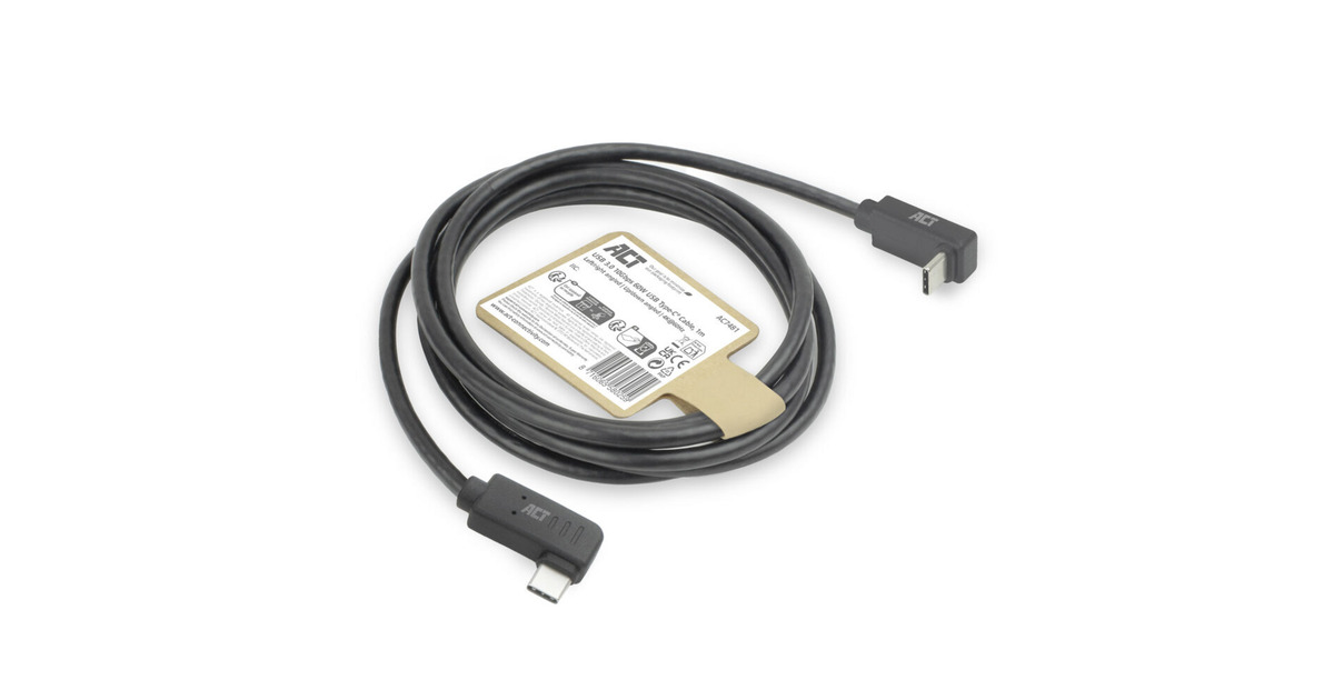 ACT ConnectivityUSB 3.2 USB-C (omhoog/omlaag haaks) naar USB-C (links/rechts haaks) kabel  (Zwart, 10 Gbit/s, 60W, 1 meter)