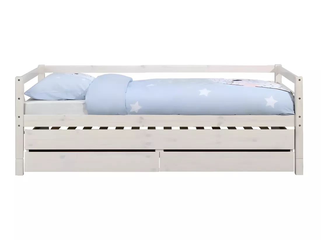 Pack lit banquette gigogne avec 2 matelas 90x200 cm bois massif blanc ALMA