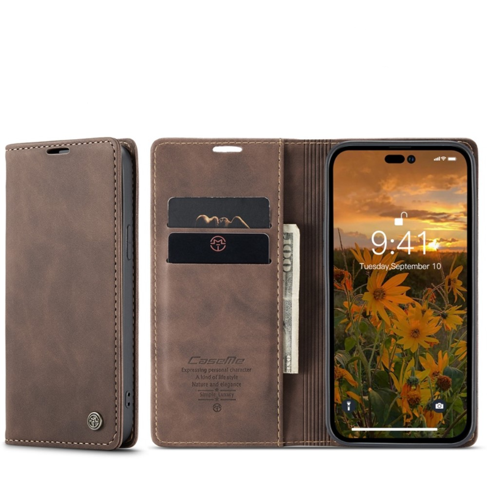 iPhone 14 Pro Leder Tasche Flip Wallet Etui mit Kartenfächern - Braun