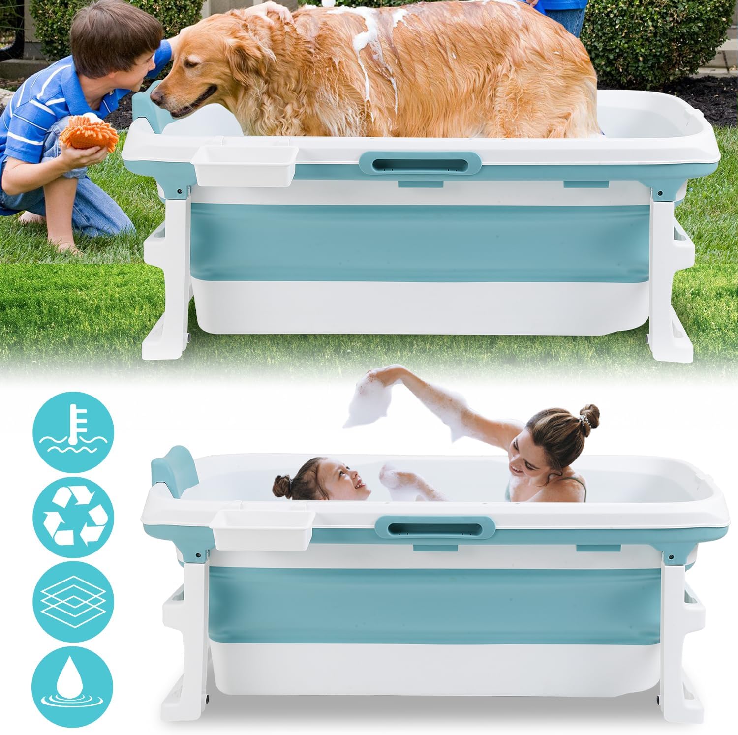 Ikodm Faltbare Badewanne Erwachsene - XL 132x60x50cm, Klappbare mobile Badewanne mit Abdeckung, Massagerollen & Korb, Klappbadewanne für Badezimmer, Dusche und Balkon (Blau)
