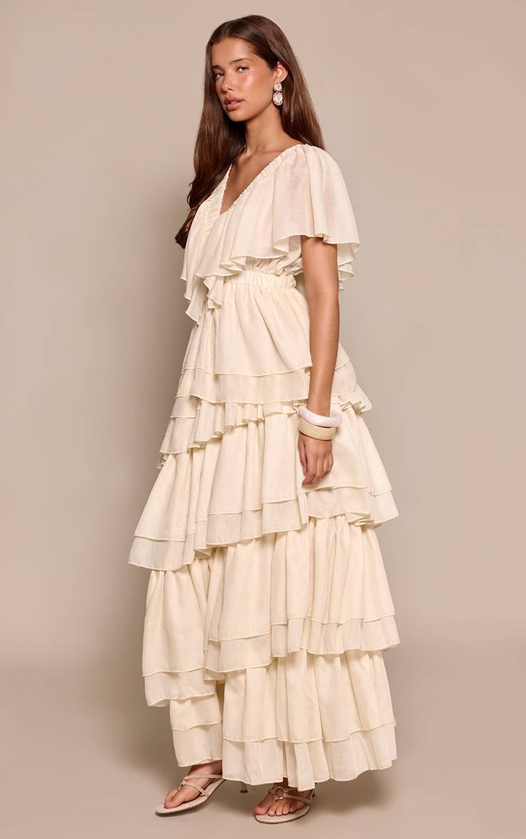 Crème Robe Maxi À Col V Plongeant Et Volants Étagés Extrêmes