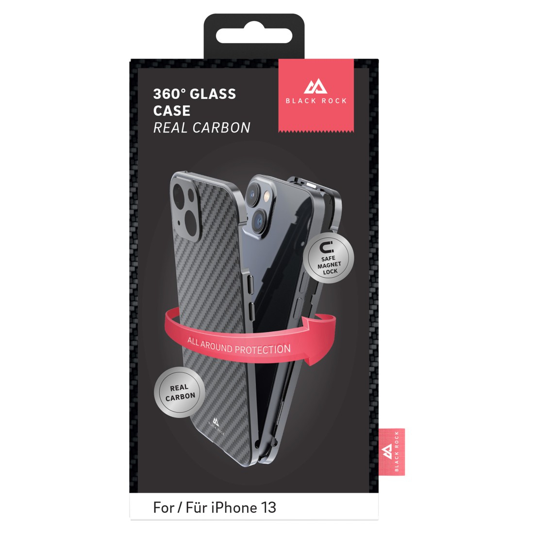 iPhone 13 Magnetische 360° Glass Schutzhülle mit Echt Carbon Backcover   Display- / Kameraschutz (1170TGCB02) - Schwarz