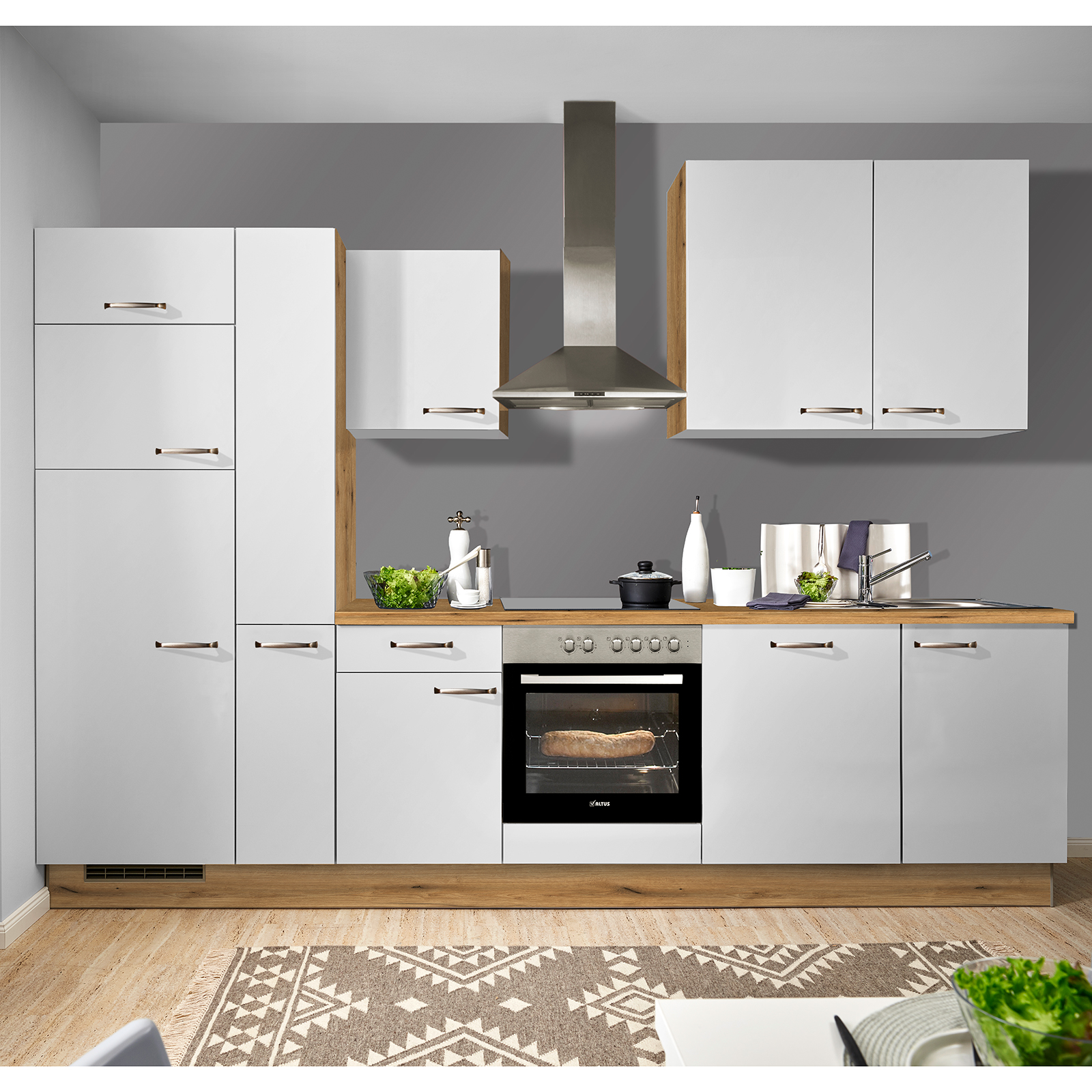 pino Küchenblock PN80 - lichtgrau - Evoke Eiche - mit E-Geräten - Kühlschrank links - 310 cm