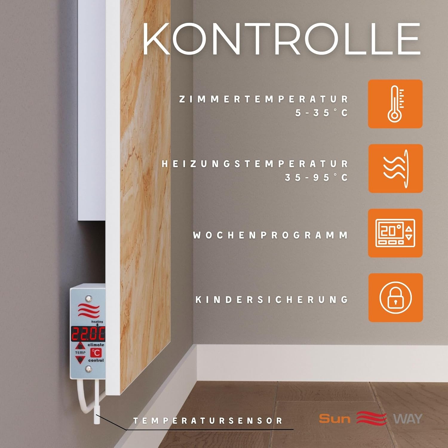 Keramik infrarotheizung wandmontage mit thermostat Sun WAY TCM-RA 750 P | Heizung bis zu 15 m² | 750 W