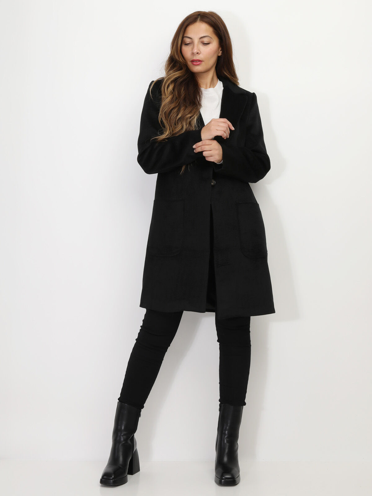 Manteau en laine à col revers- Noir
