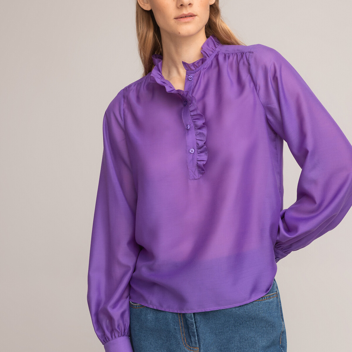 COLEÇÃO LA REDOUTE<br>Blusa com gola alta com babado e mangas compridas