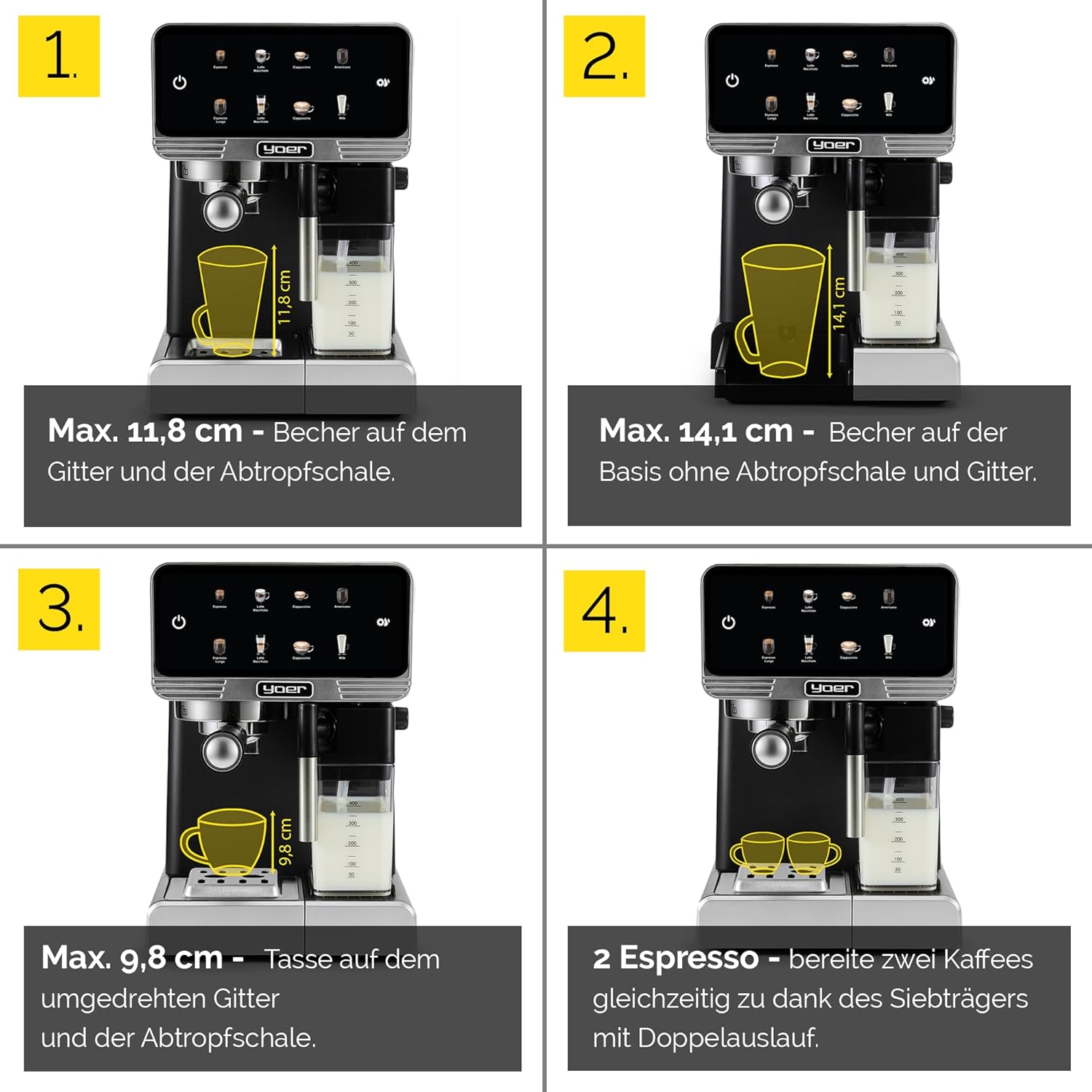YOER Kaffeevollautomat mit automatischer Milchaufschäumer, 6 Kaffeespezialitäten, Touchscreen, 20 bar, 1350W, Kaffeemaschine für Espresso, Cappuccino & Latte Macchiato, Creamo EMF03BK, schwarz
