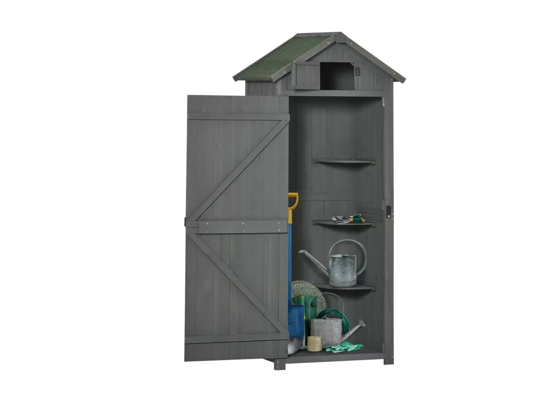 Armoire abri de jardin remise pour outils 3 étagères 2 portes loquets toit pente bitumé 77L x 54l x 179H cm sapin traité gris