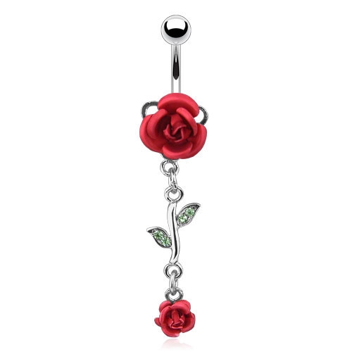 (10mm) 316L Chirurgenstahl Bauchnabelpiercing mit Gewindeverschluss Rosen Anhänger - Silber / Rot