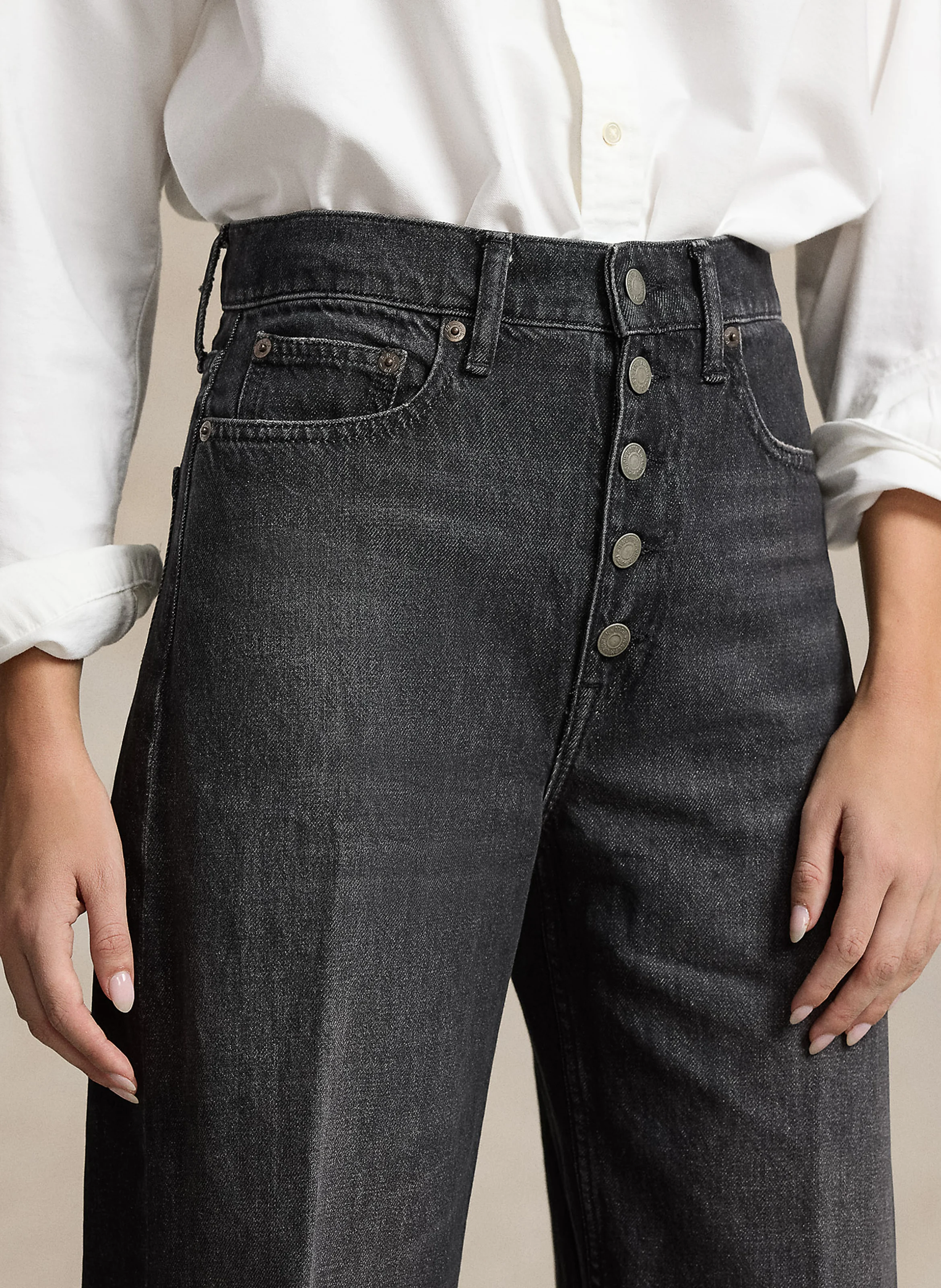 Jean droit délavé en coton| Gris