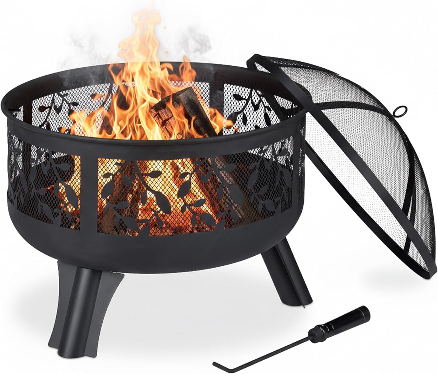 Relaxdays Feuerschale mit Funkenschutz, Garten & Terrasse, mit Schürhaken, Outdoor Feuerkorb, HxD: 60 x 60 cm, schwarz