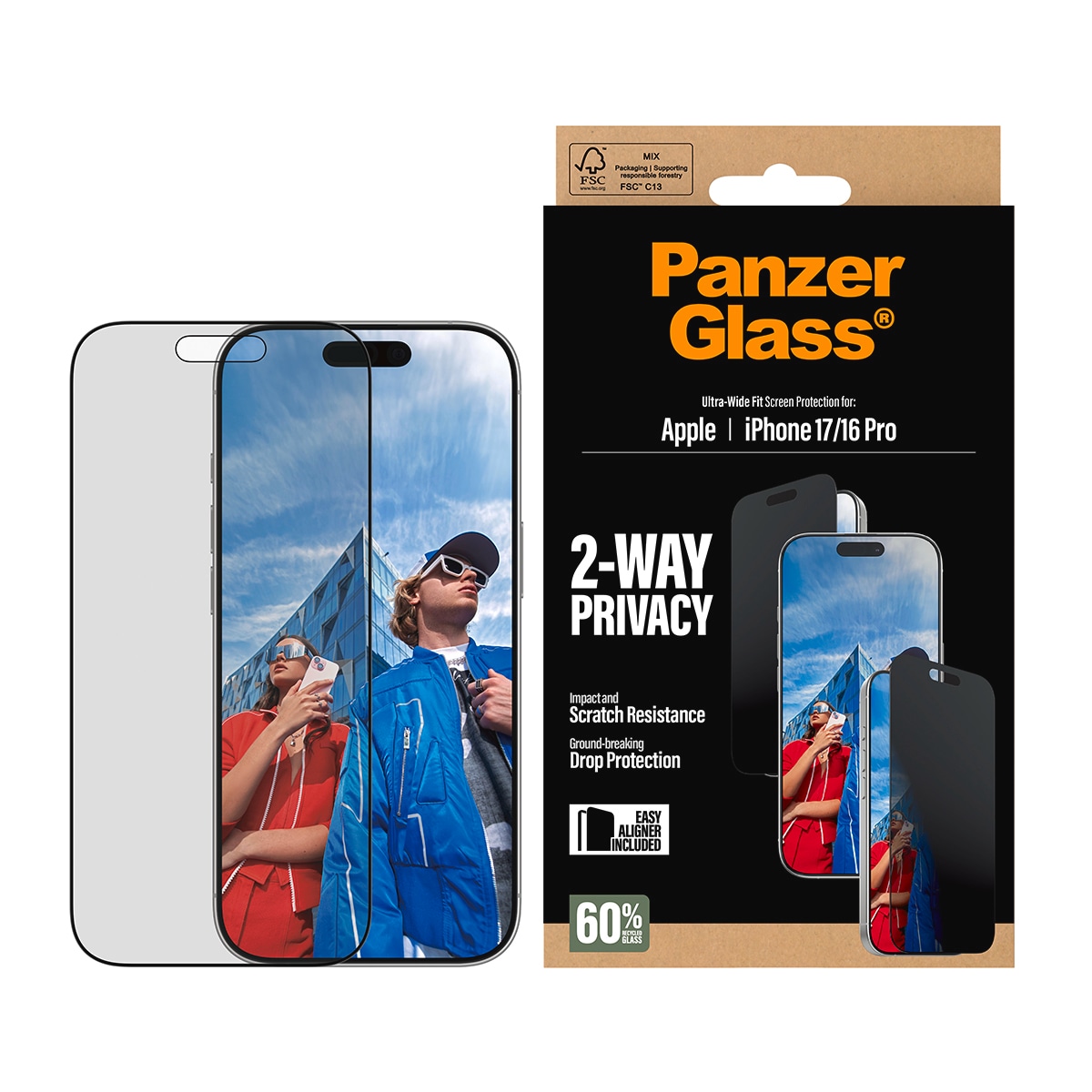CARE by PanzerGlass Displayschutzglas »2-Way Privacy Ultra-Wide Fit Screen Protector« für Apple iPhone 17;Apple iPhone 16 Pro Displayschutzfolie, Schutzfolie, Bildschirmschutz, kratz- & stossfest