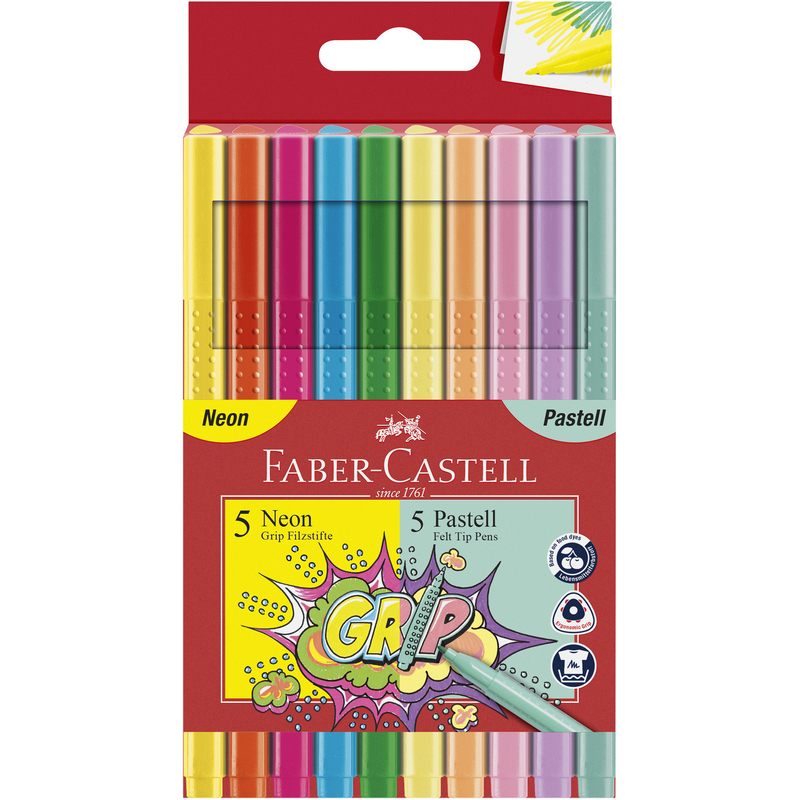 Faber-Castell Filzstifte Grip Neon + Pastell, 10 Stück, assortiert