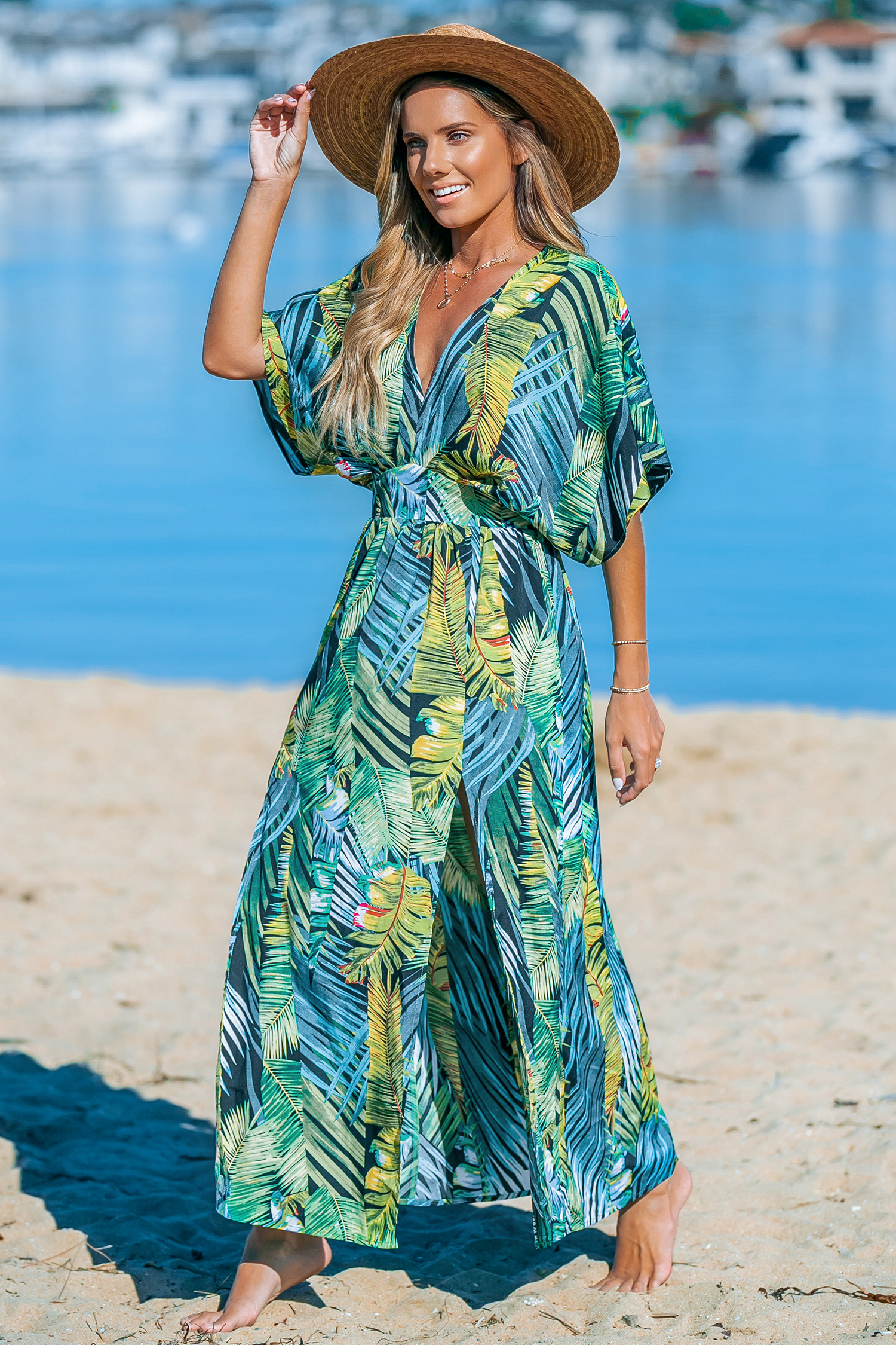 Robe maxi tropicale à double ourlet fendu