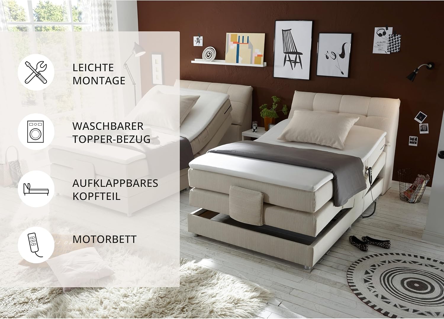 CARPINO Boxspringbett 120x200 elektrisch verstellbar, Creme - Bequemes Einzelbett mit dekorativer Steppung und Komfortschaum Topper - 120 x 110 x 234 cm (B/H/T)