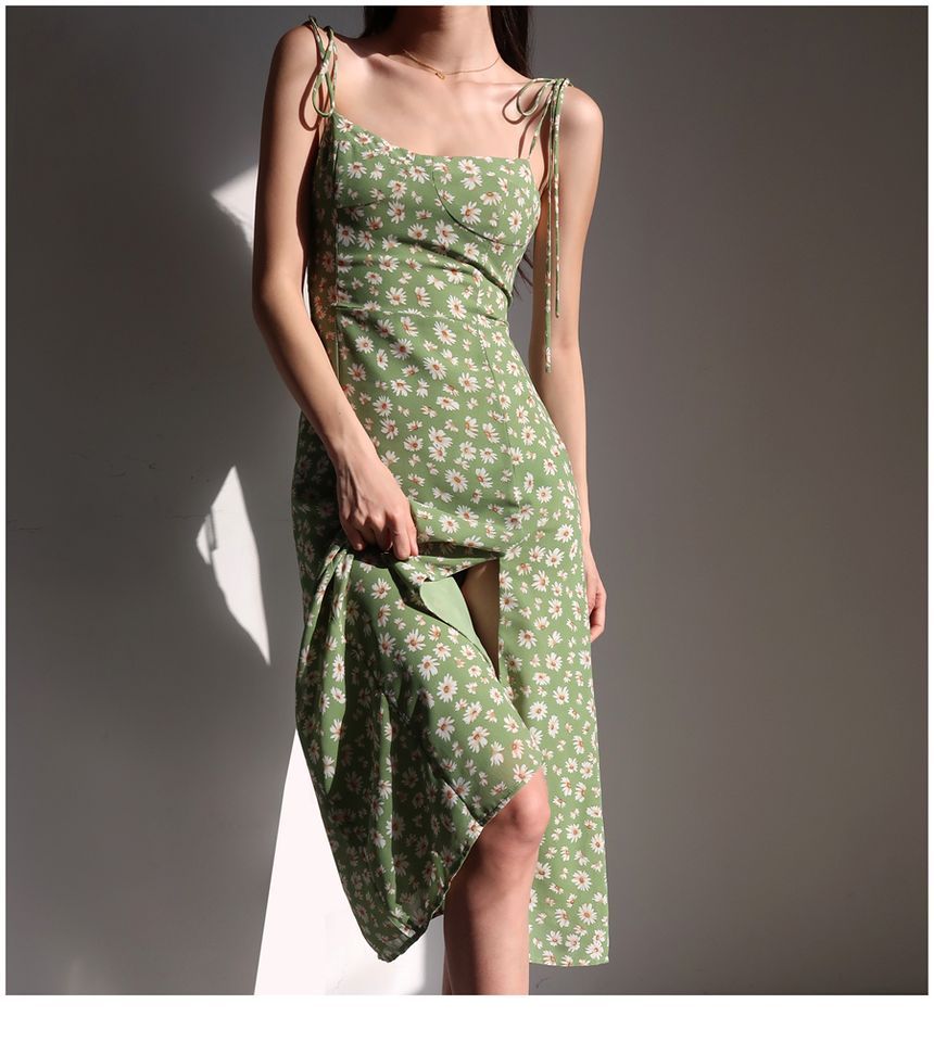Honmizz - Spaghettibandjes bloemen slim-fit split midi-jurk