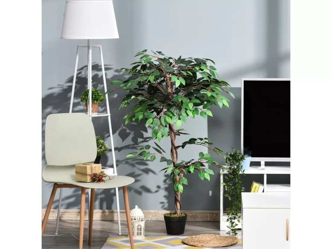 Arbre artificiel plante artificiel ficus hauteur 1,2 m tronc branches liane lichen feuilles grand réalisme pot inclus