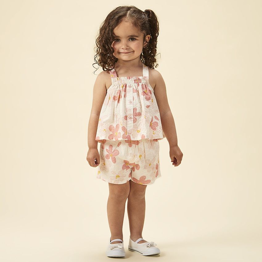 Ensemble en seersucker imprimé fleurs pour bébé fille - Ecru