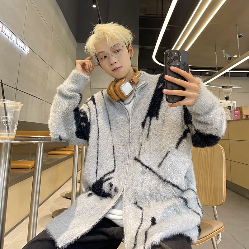Hushgrain - Mock Neck Color Block Fluffy Zip Cardigan