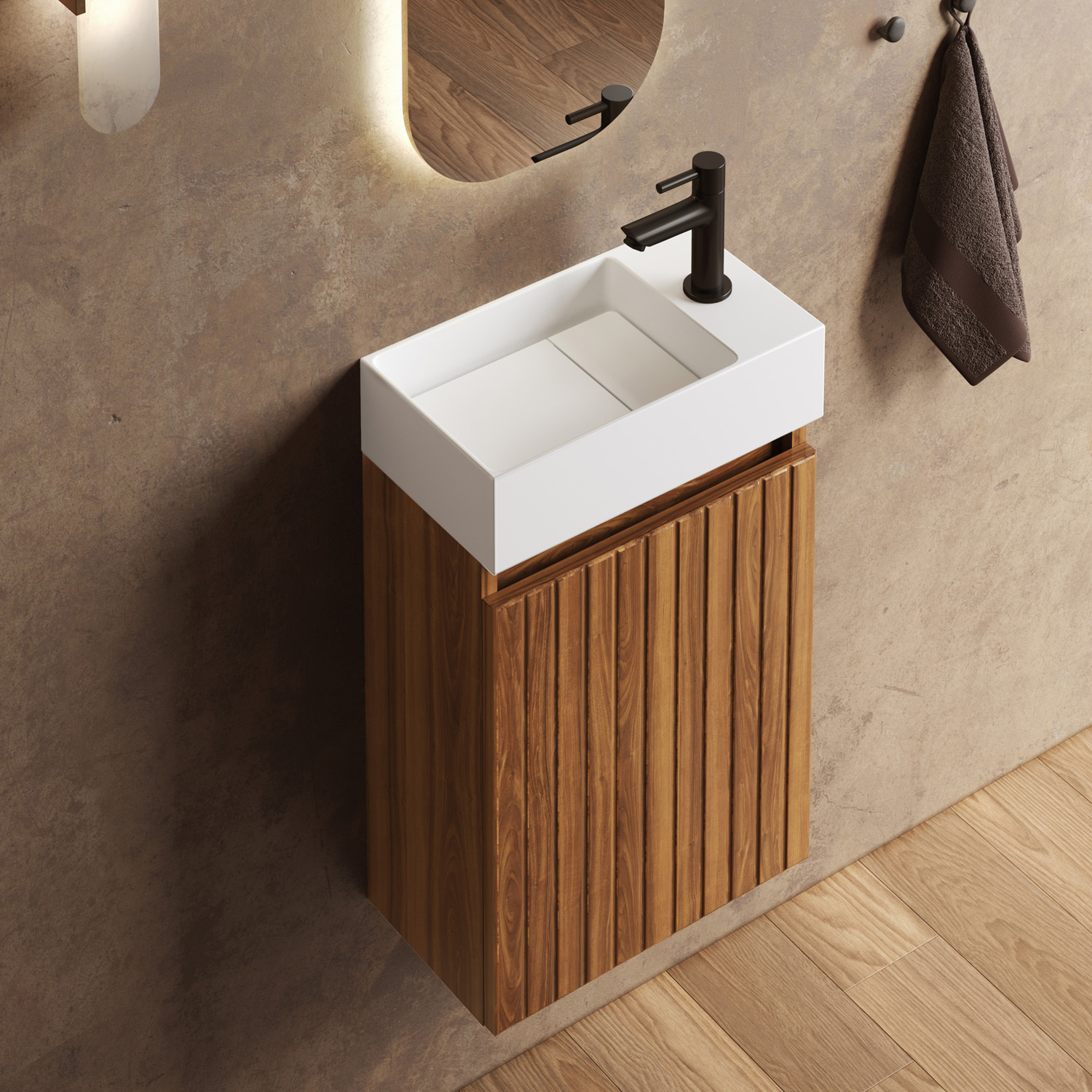 Fontana Itsie toiletmeubel walnoot ribbelfront 40cm met fontein in mat wit