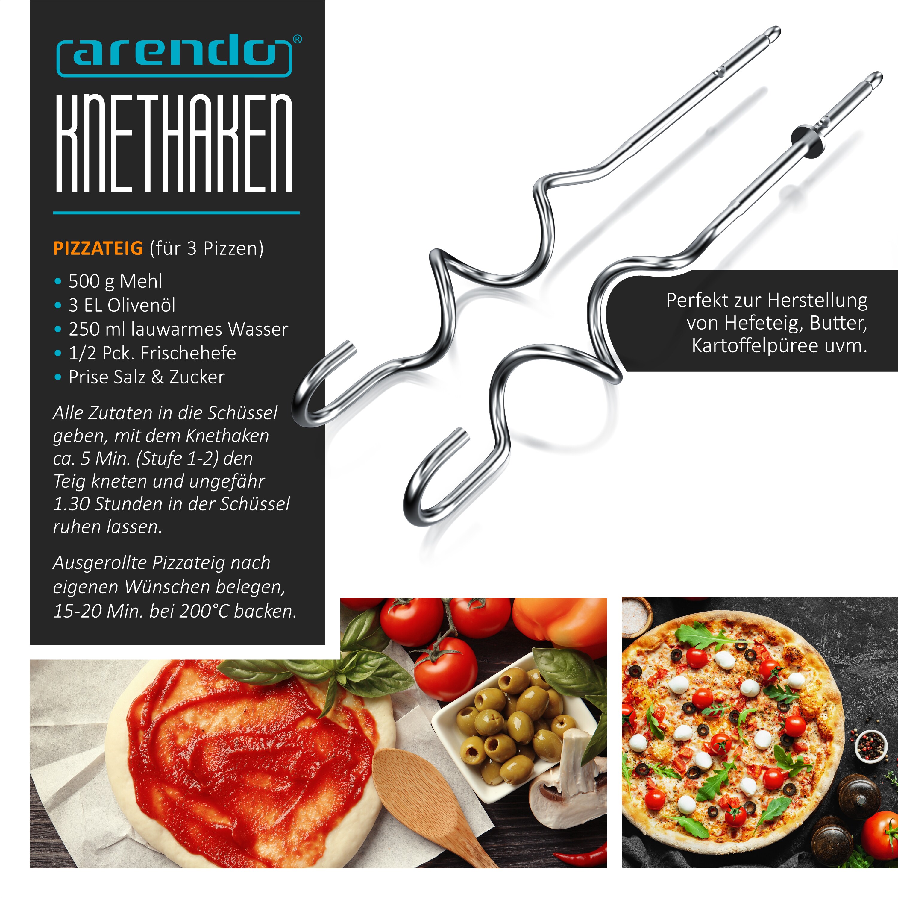 Arendo Elektrischer Handmixer Handrührer - inkl. 2 Quirle und 2 Knethaken aus Edelstahl - Handrührgerät - Hakenentriegelung - Turbotaste