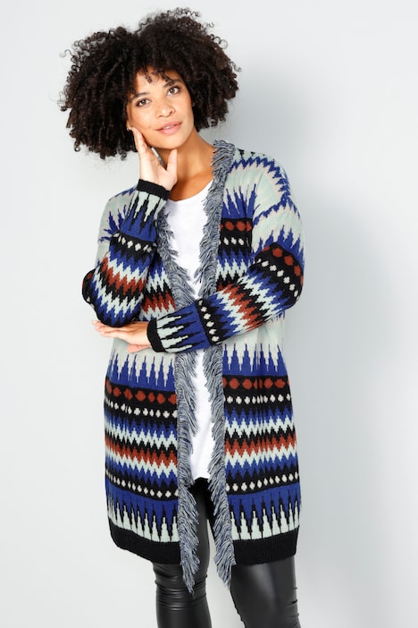 Long-Strickjacke, oversized, Zackenmuster, offene Form, Fransenkante