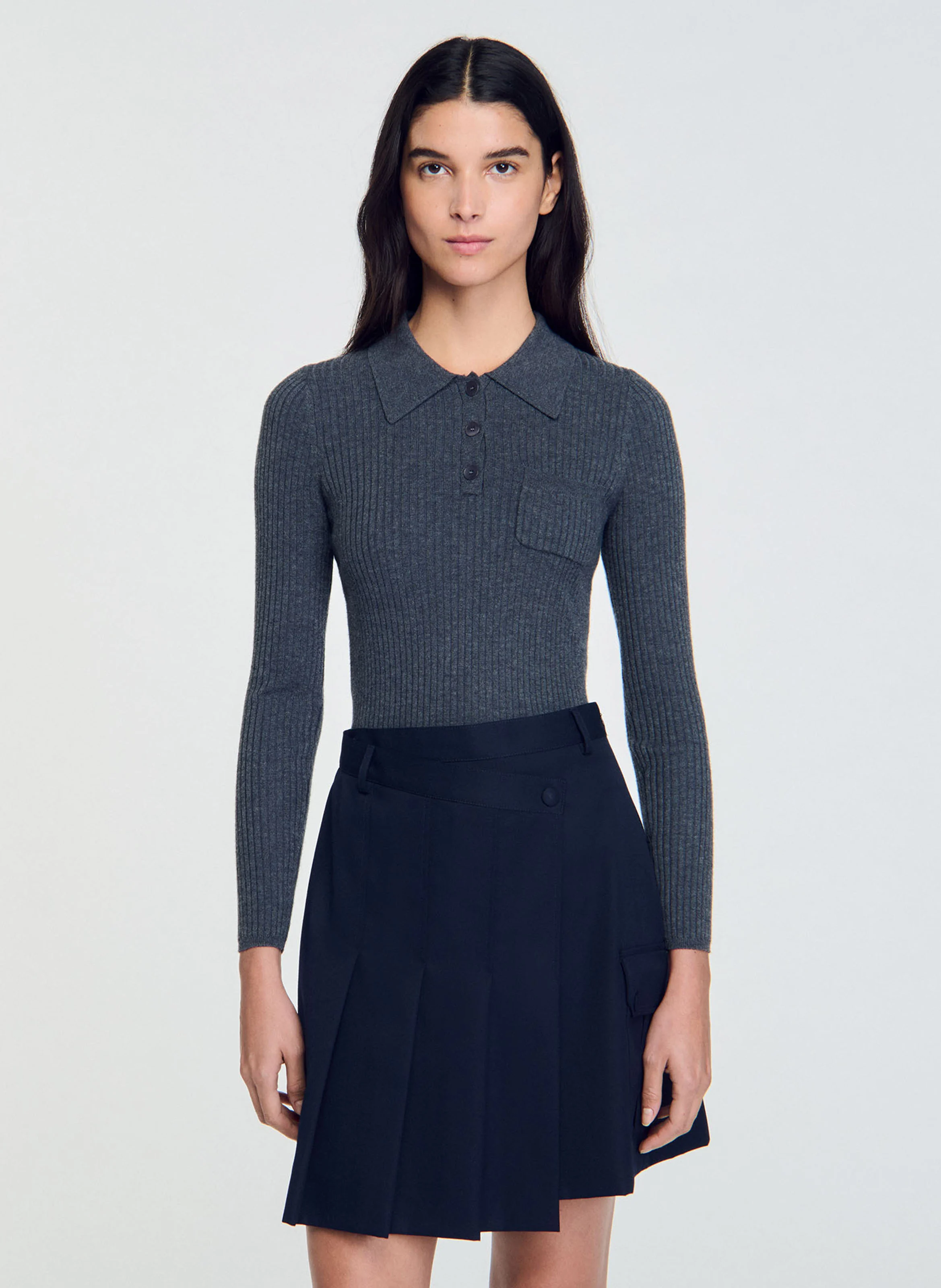 Pull col polo droit en maille | Gris