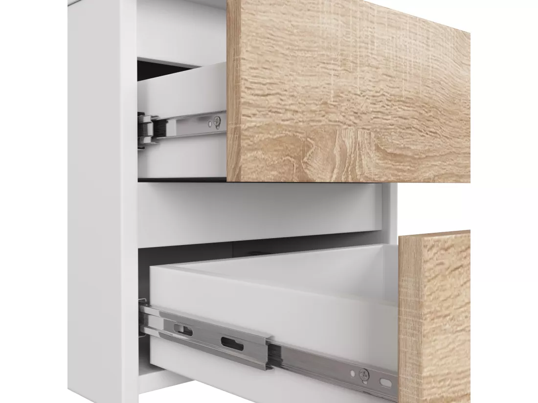 Bureau AKORD d'angle gauche B16 Blanc 124 cm 3 tiroirs façade Chêne Sonoma 2 étagères 124x85x77 cm