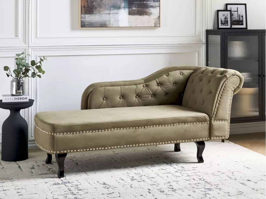 Chaise longue en velours côté gauche vert olive NIMES