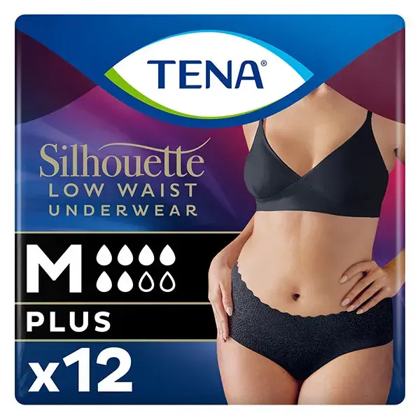 Cuecas TENA Silhouette de cintura baixa, pretas, tamanho M, pacote com 10 unidades.