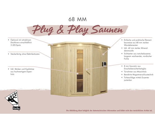 Elementsauna Karibu Achat I zonder oven, met dakkroon en volledig glazen deur van helder glas