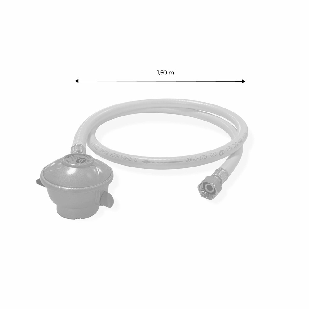 Kit tuyau flexible de gaz 1.5 m à embouts mécaniques + détendeur quick-on ø20mm butane 28mbar 1.3kg/h. Raccord rapide – normes nf
