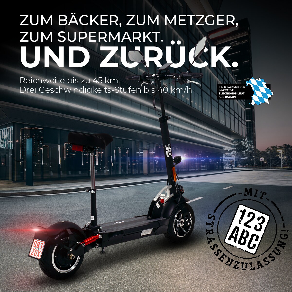eFlux Lite Six E-Scooter 1000 Watt mit Straßenzulassung, 40 km/h, verstellbarer Sitz, Lithium-Akku