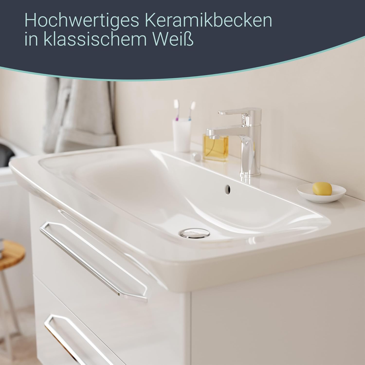 BadeDu NES Badmöbel Set 88cm, Weiß, 2-teilig – Modernes Möbel-Set mit Waschbecken und Unterschrank, Hochglanz Weiß, 2 Schubladen mit Soft-Close System – Made in Germany