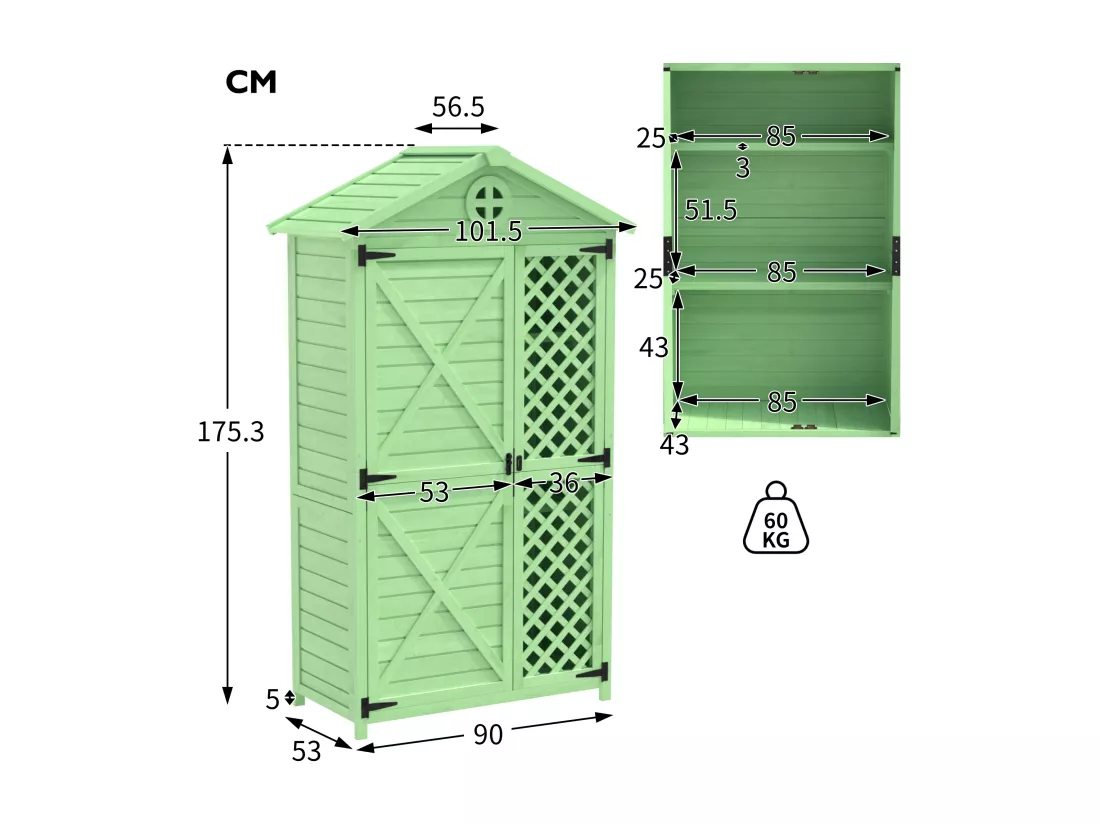 Abri de jardin en bois massif avec toit pente résistant aux intempéries - 2 portes 3 étagères - 90 x 56.5 x 175.3 cm - Vert