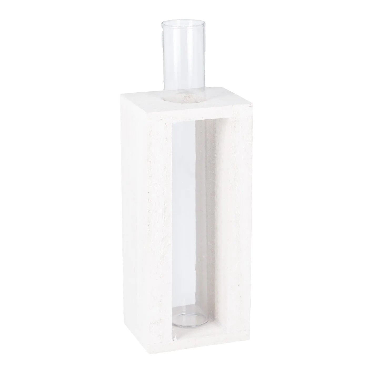 Vase Reagenzglas in Holzständer, weiß, 19 cm