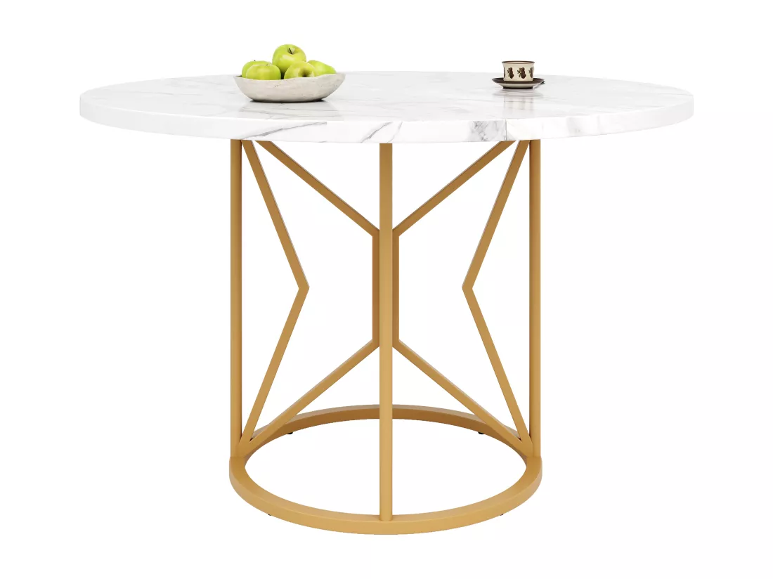 Table à manger ronde 4 à 6 couverts - D 100 x H 76 cm - Plateau en MDF marbré et pièds en métal doré - Blanc + or