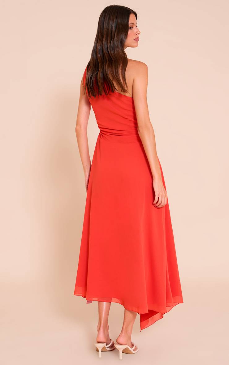 Rouge Tomate Robe Longue Asymétrique À Une Épaule