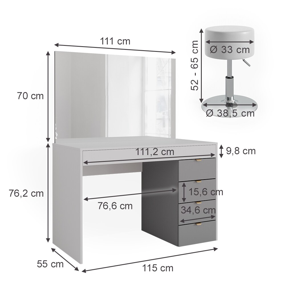 Vicco Schminktisch Elise Weiß Grau 115 x 76 cm modern Frisiertisch Schubladen Spiegel Hocker