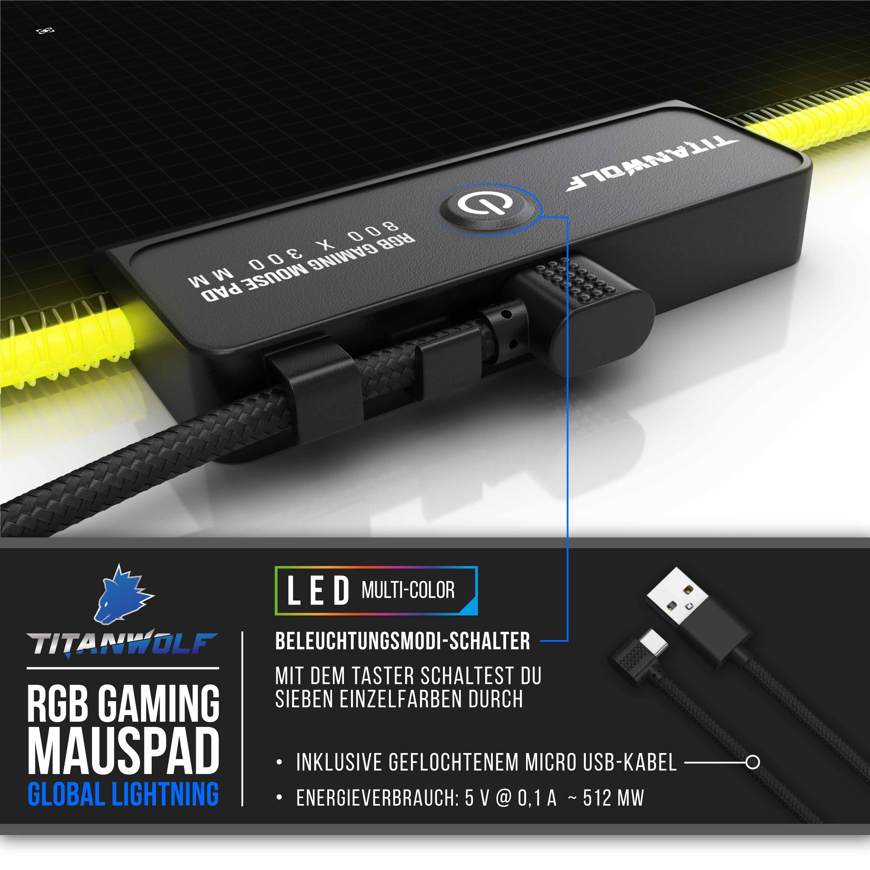 Titanwolf RGB Gaming Mauspad, Mousepad XL 800 x 300mm verbessert Präzision & Geschwindigkeit, Global